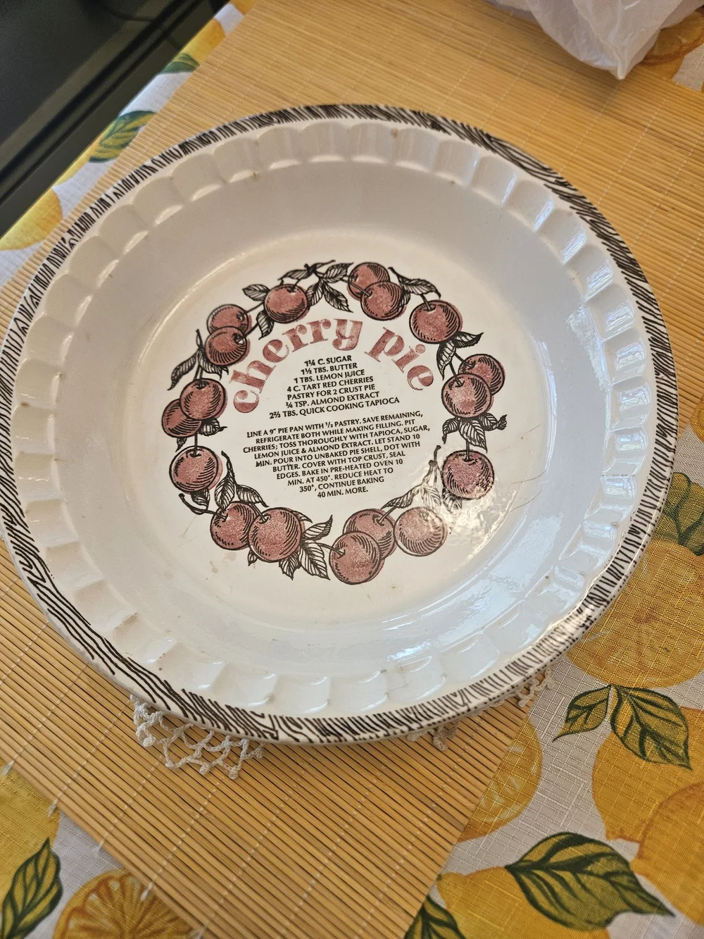 Vintage Ceramic Cherry Pie Pan with Recipe Graphic